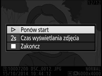 Wyświetlanie dodatkowych informacji o zdjęciu Pauza Zwiększenie/ zmniejszenie głośności Powrót do menu J X (T)/ W (S) odtwarzania G Powrót do trybu odtwarzania K Zmień lub ukryj wyświetlane