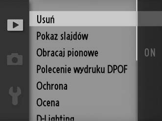 omenu odtwarzania Aby wyświetlić menu odtwarzania, naciśnij przycisk G i wybierz kartę menu odtwarzania (K). Przycisk G Menu odtwarzania zawiera następujące opcje: Usuń Usuń wiele zdjęć (0 75).