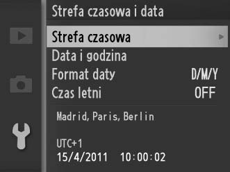 Strefa czasowa i data Zmień strefę czasową, ustaw zegar aparatu, wybierz format daty oraz włącz lub wyłącz czas letni (0 19).