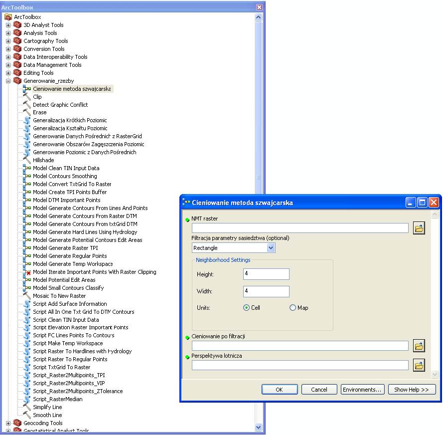 Narzędzie Cieniowanie metoda szwajcarska Metodę szwajcarską zaimplementowano w postaci nowego narzędzia przy użyciu ModelBuilder programu