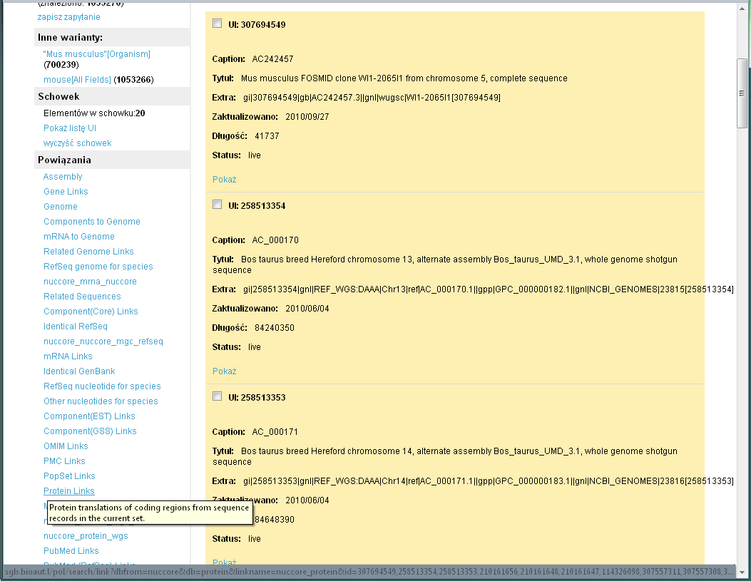 Eksploracja danych genetycznych bazy GenBank z wykorzystaniem usług sieciowych 45 Rys. 6. Wyniki wyszukiwania w systemie search GenBank Fig. 6. Results of sample query in search GenBank Rys.