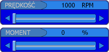 Domyślnie po uruchomienia stanowiska prędkość jest ustawiona na 1000 RPM a moment na 0%.