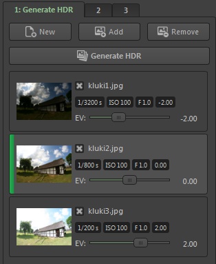Edycja wartości EV dla trój-zdjęciowej sekwencji HDR.