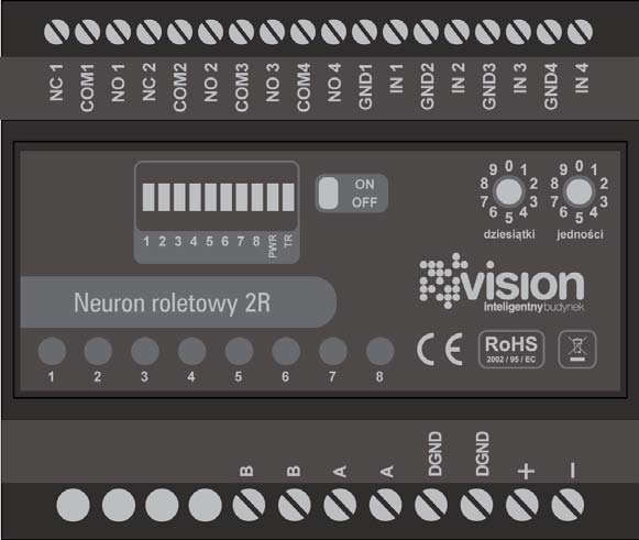 Strona 3 z 11 1. Charakterystyka ogólna Neuron Roletowy 2R przeznaczony jest do sterowania roletami/żaluzjami w obrębie systemu Vision BMS.