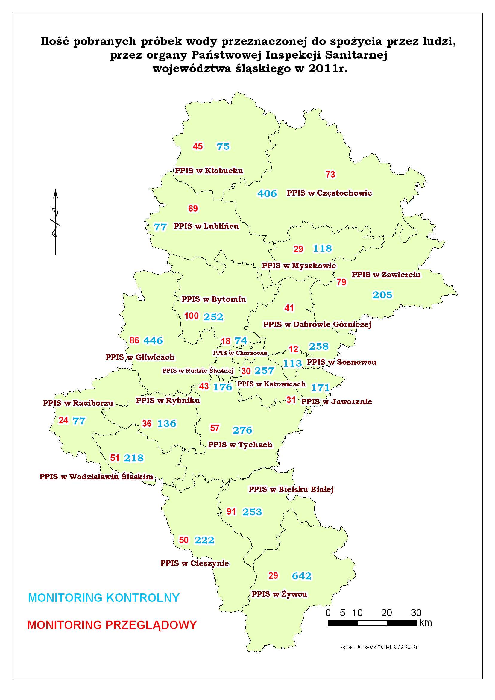 próbek wody. Realizując monitoring jakości wody przeznaczonej do spożycia przez ludzi pobrano 544 Mapa nr 2. Ilość próbek wody pobranych w ramach monitoringu.