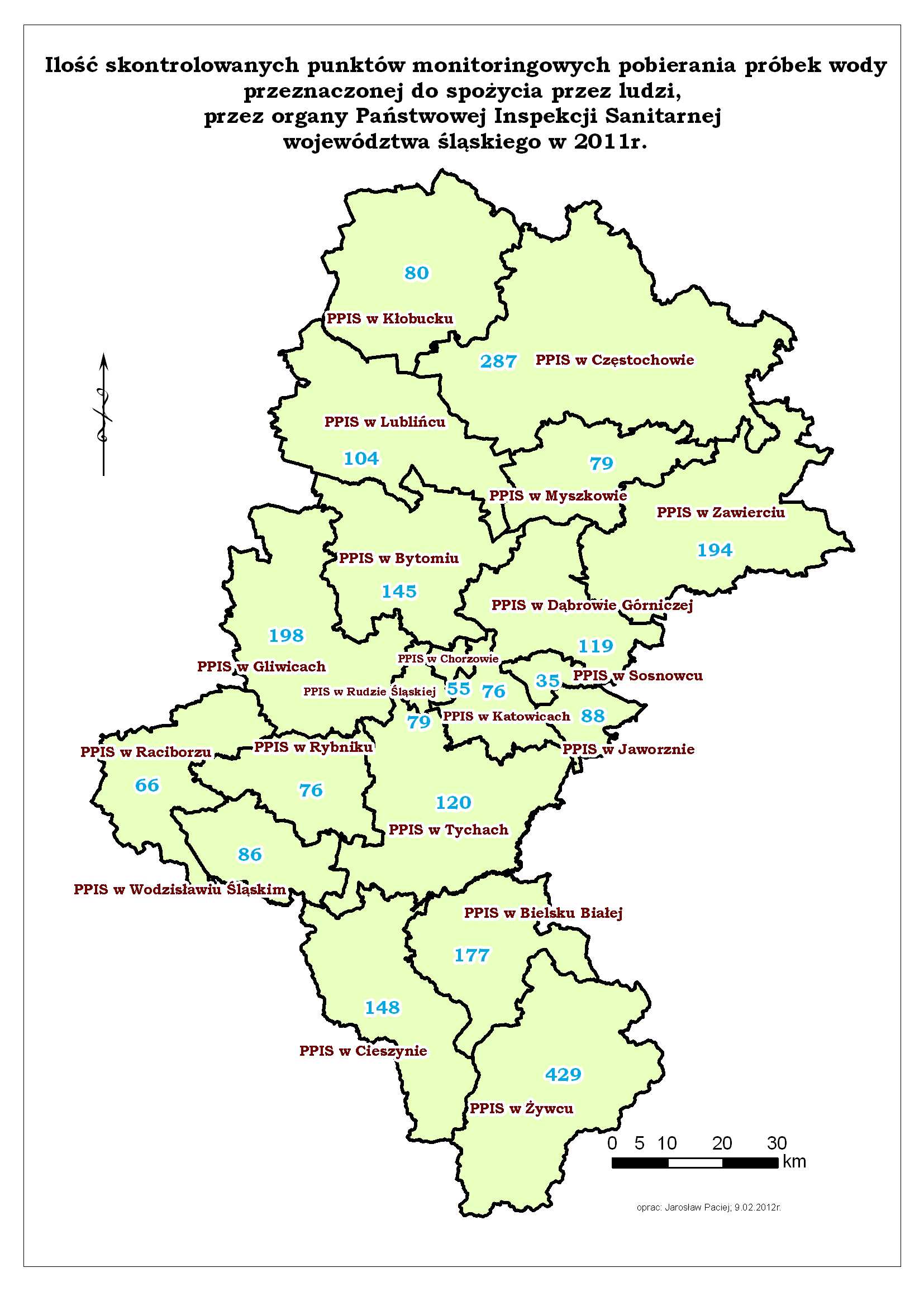 Mapa nr. Ilość monitoringowych punktów kontrolnych, z których pobrano próbki wody w 2 roku.