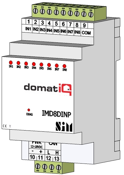 Katalog modułów SENSORY IMD8DINP Moduł 8 wejść cyfrowych Moduł 8 wejść przyciskowych / licznikowych odseparowanych galwanicznie, do montażu na szynie DIN, szerokość 3M Podłączony do magistrali