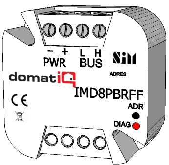 Katalog modułów SENSORY IMD8PB/RF/F Moduł przyciskowy radiowy - odbiornik Moduł przyciskowy radiowy, do montażu w puszce instalacyjnej Ø 60 (puszka głęboka) Umożliwia podłączenie 4 dwukanałowych