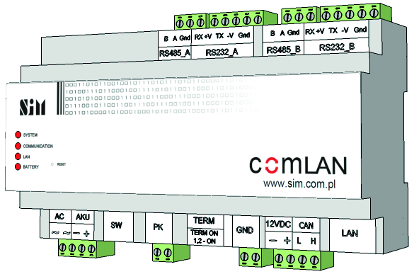 Katalog modułów STEROWNIKI COMLAN Urządzenie rejestrująco - sterujące Urządzenie rejestrująco sterujące Posiada interfejsy komunikacyjne: interfejsy RS-485-2 szt. interfejsy RS-232-2 szt.