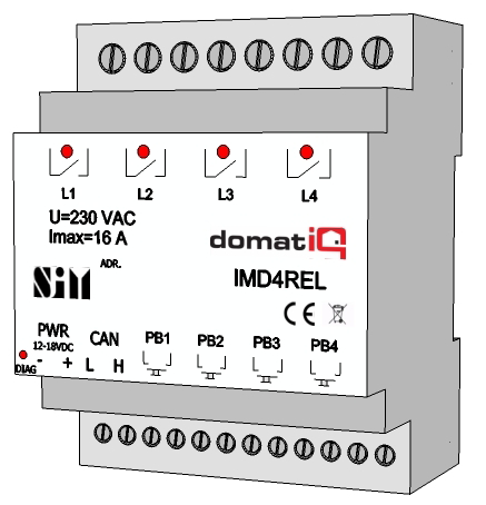 Katalog modułów AKTORY IMD4REL Moduł przekaźnikowy 4 x 16 A Moduł przekaźnikowy 4 x 16 A, ze sterowaniem czasowym, do montażu na szynie DIN, szerokość 4M Moduł umożliwia: załączanie obwodów
