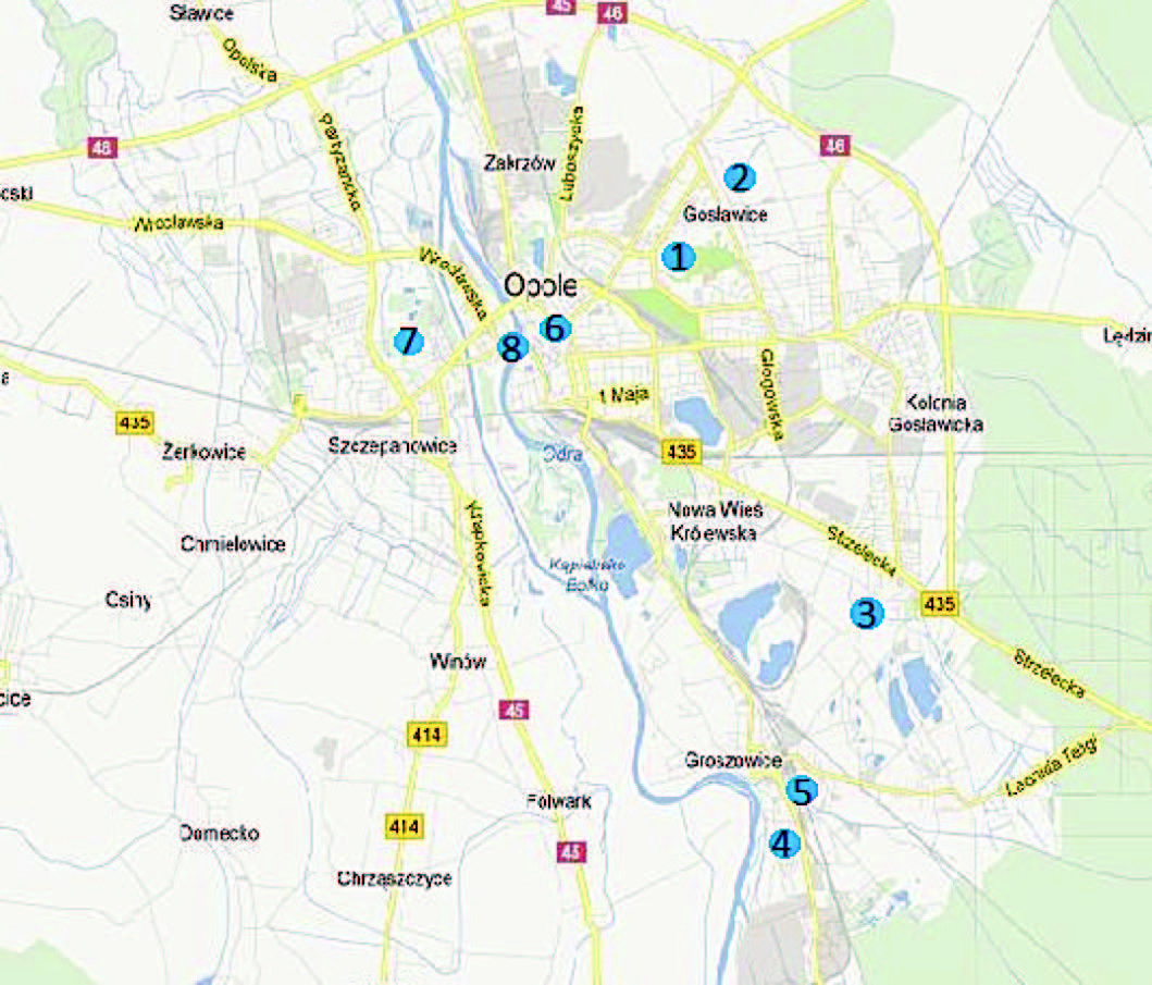 74 AGNIESZKA SZEWCZYK a) 1 Opole 2 Dobrzeń Mały 3 Miedziana 4 Górażdże 5 Prudnik 6 Racibórz 7 Rybnik Ź r ó d ł o: Mapy Google 2013 Google (20.03.2013). b) 1 ZWM 2 Gosławice 3 Malina 4 ul.