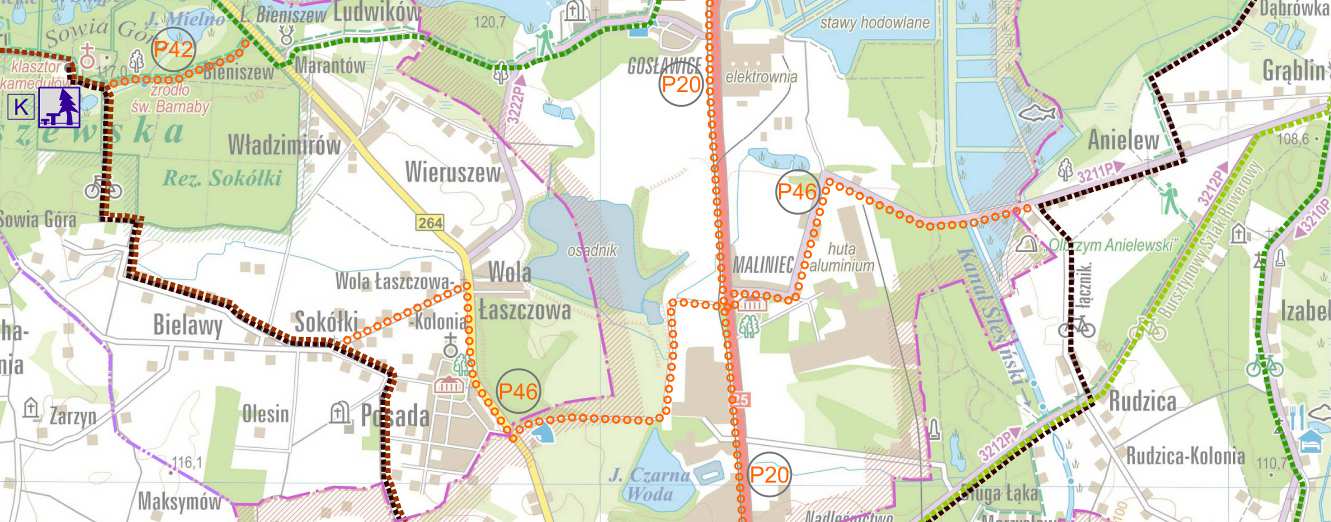 Rysunek 45. Koncepcja uzupełnienia sieci turystycznych dróg rowerowych w Koninie fragment północny.