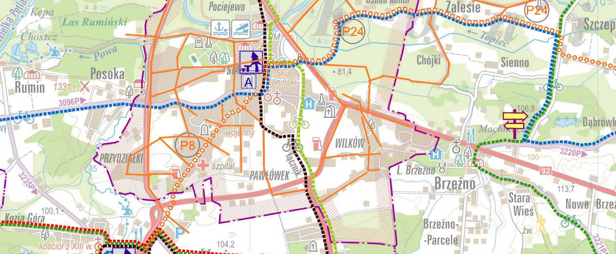 Na Rysunku 45 i 46 przedstawiono planowany przebiegu dróg rowerowych (tzw. Ścieżek) w mieście Koninie. Użyty kod kolorowy ramki na mapie zbiorczej (rys 42) odpowiada ramce na mapie szczegółowej.