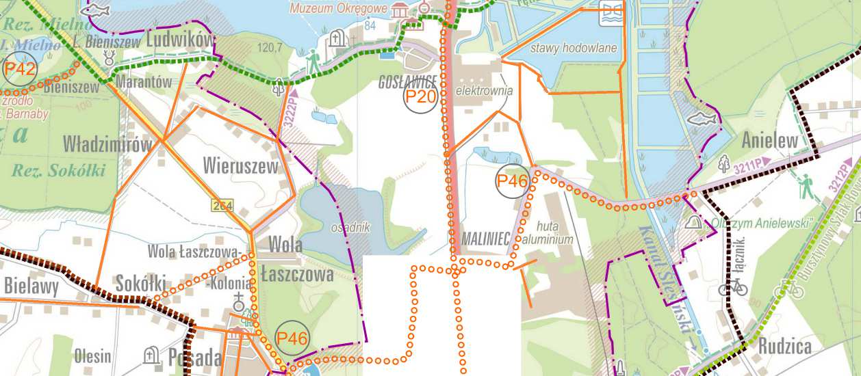 Rysunek 47. Koncepcja uzupełnienia sieci dróg rowerowych w Koninie fragment północny. Źródło: Opracowanie własne na podkładzie "Mapa turystyczna Powiatu Konińskiego" wyd. I, 2013 r.