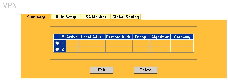 Rysunek 7. Zestawienie reguł VPN W poniższej tabeli opisano pola znajdujące się na tym ekranie. Tabela 6. Zestawienie reguł VPN OPIS # Numer indeksowy reguły VPN.
