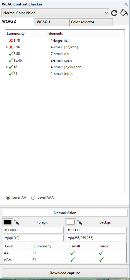 WCAG Contrast checker - Wskazanie elementów dla których kontrast nie spełnia wymagań WCAG Wskazanie elementów dla których kontrast spełnia