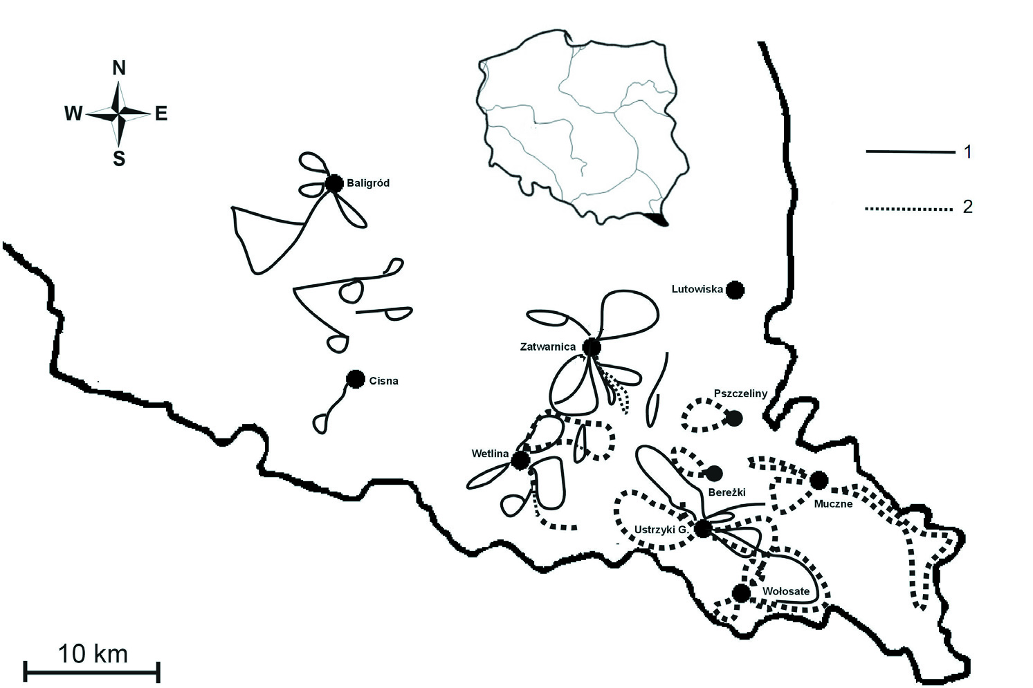 Grzyby wielkoowocnikowe Polskich Bieszczadów. Część I 5 Ryc. 1. Położenie terenu badań oraz orientacyjny przebieg tras wycieczek mikologicznych 1 trasy wycieczek autorów pracy w 2008 r.