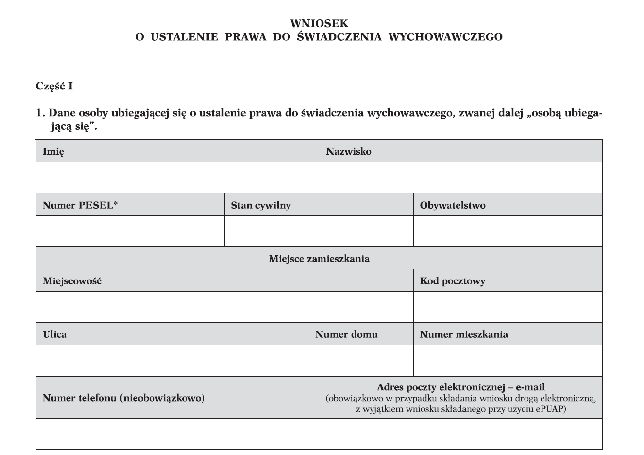 Część I 1. Dane osoby ubiegającej się o ustalenie prawa do świadczenia wychowawczego. W części 1, w pkt 1 wpisujemy dane rodzica/opiekuna składającego wniosek. Wszystkie rubryki muszą być wypełnione.