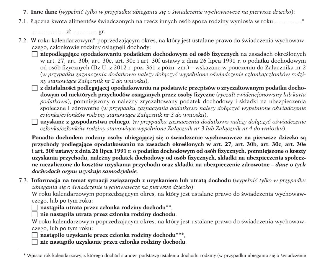 Jeśli podlegamy obowiązkowi alimentacyjnemu wypełniamy pkt 7.1. W pkt. 7.2 i 7.