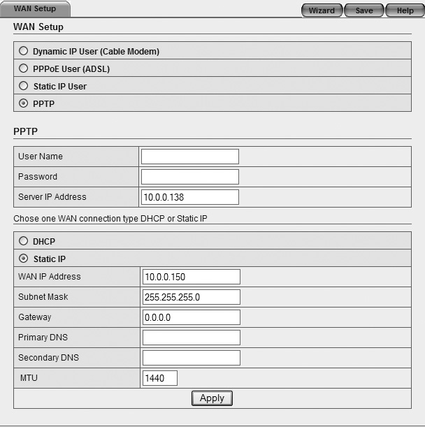 Ustawienie 4 PPTP 1. Lewym przyciskiem myszy w kolumnie kliknij WAN Setup". 2. W WAN Setup wybierz PPTP User. To ustawienie dotyczy dostawców, którzy wykorzystują połączenie PPTP. 3.