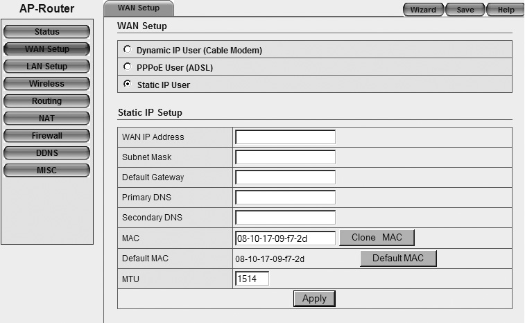 Ustawienie 6 statycznych adresów IP 1. Lewym przyciskiem myszy w kolumnie kliknij Network". Teraz kliknij WAN. 2. W WAN Setup wybierz Static IP User.