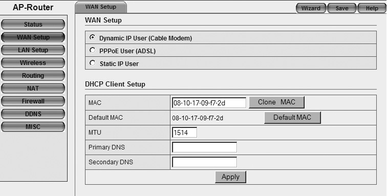 Ustawienie 1 DHCP bez nazwy hosta 1. Lewym przyciskiem myszy w kolumnie kliknij WAN Setup". 2. W WAN Setup wybierz Dynamic IP User.