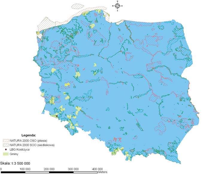 Legenda: NATURA 2000 OSO (ptasia) NATURA 2000 SOO (siedliskowa) LPG Kostrzyca Gminy Skala: 1:3 500 000 0 100 000 200 000 300 000 400 000 metrów Ryc. 1. Mapa rozmieszczenia stanowisk roślin objętych ochroną w ramach FlorNaturLBG Fig.