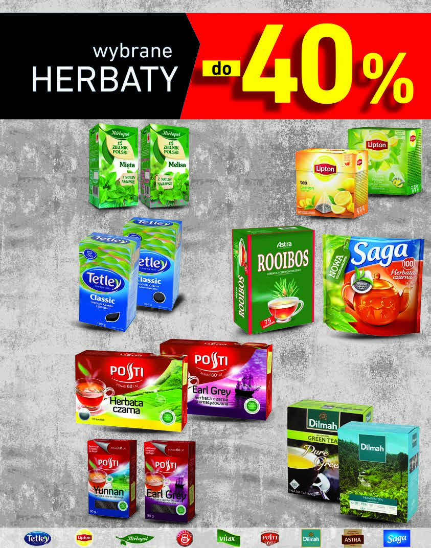 RABAT NALICZANY PRZY KASIE Herbata Herbapol 4 rodzaje 20 torebek x 1,2-2 g od 7,48 do 12,46 zł / 100 g 4,99 40% 2 99 Herbata Tetley czarna liściasta czarna granulowana 100 g 5,49 27% 3 99 Herbata