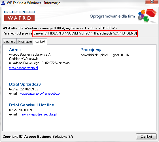 Konfiguracja połączenia z bazą danych programu WF-FaKir 1. W okienku konfiguracji, w polach <Serwer> i <Baza> podaj dane widoczne w oknie Pomoc- > O programie. 2.
