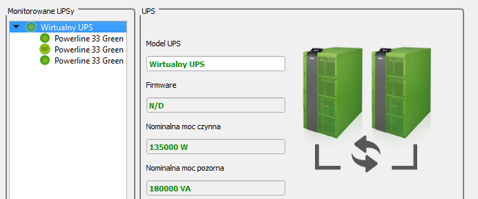 Rysunek 7: Okno dodawania wirtualnego UPSa. Po zatwierdzeniu przyciskiem OK do panelu Monitorowane UPSy zostanie dodany wirtualny UPS. (Rys. 8).