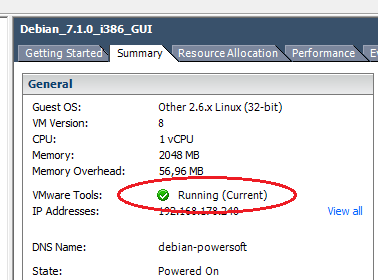 Rysunek 29: Status VMware Tools Aby zdefiniować parametry automatycznego uruchamiania i zamykania systemów wirtualnych należy przejść do zakładki Configuration serwera ESXi (Rys.