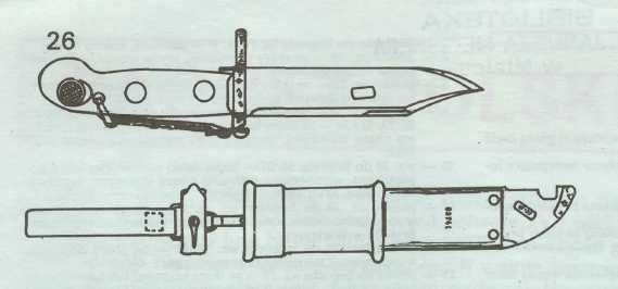 BAGNETY POLSKIE Typ: wz. 22 (nr 27) Rękojeść stalowa polerowana. Na głowicy oznaczenie typu bagnetu. Okładziny z drewna bukowego mocowane dwiema śrubami stalowymi.