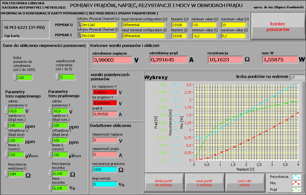 Rys.9. Wygląd Panelu programu wykorzystywanego w ćwiczeniu 4. Wykonanie ćwiczenia WAGA! Ze względu na fakt, że karta pomiarowa bez włączonego zasilania jest mniej odporna na uszkodzenia (rys.