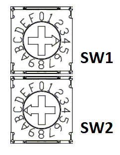 4./ konfiguracja. 4a./ ustalanie adresu modułu w sieci. Adres modułu w sieci modbus ustawiamy za pomocą przełączników SW1 ( młodszy bajt adresu ) i SW2 ( starszy bajt adresu ).