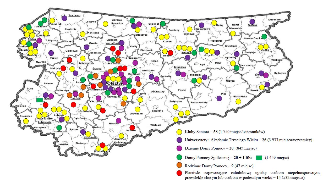 Rozmieszczenie przestrzenne na terenie województwa warmińsko-mazurskiego podmiotów działających na rzecz osób starszych według stanu na 31 grudnia 2014 roku obrazuje poniższa mapa. Mapa 1.