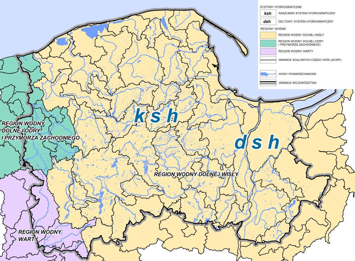 Ryc. 3 Systemy hydrograficzne na tle regionów wodnych źródło: Opracowanie Ekofizjograficzne do Planu Zagospodarowania Przestrzennego województwa pomorskiego aktualizacja 2014 r.