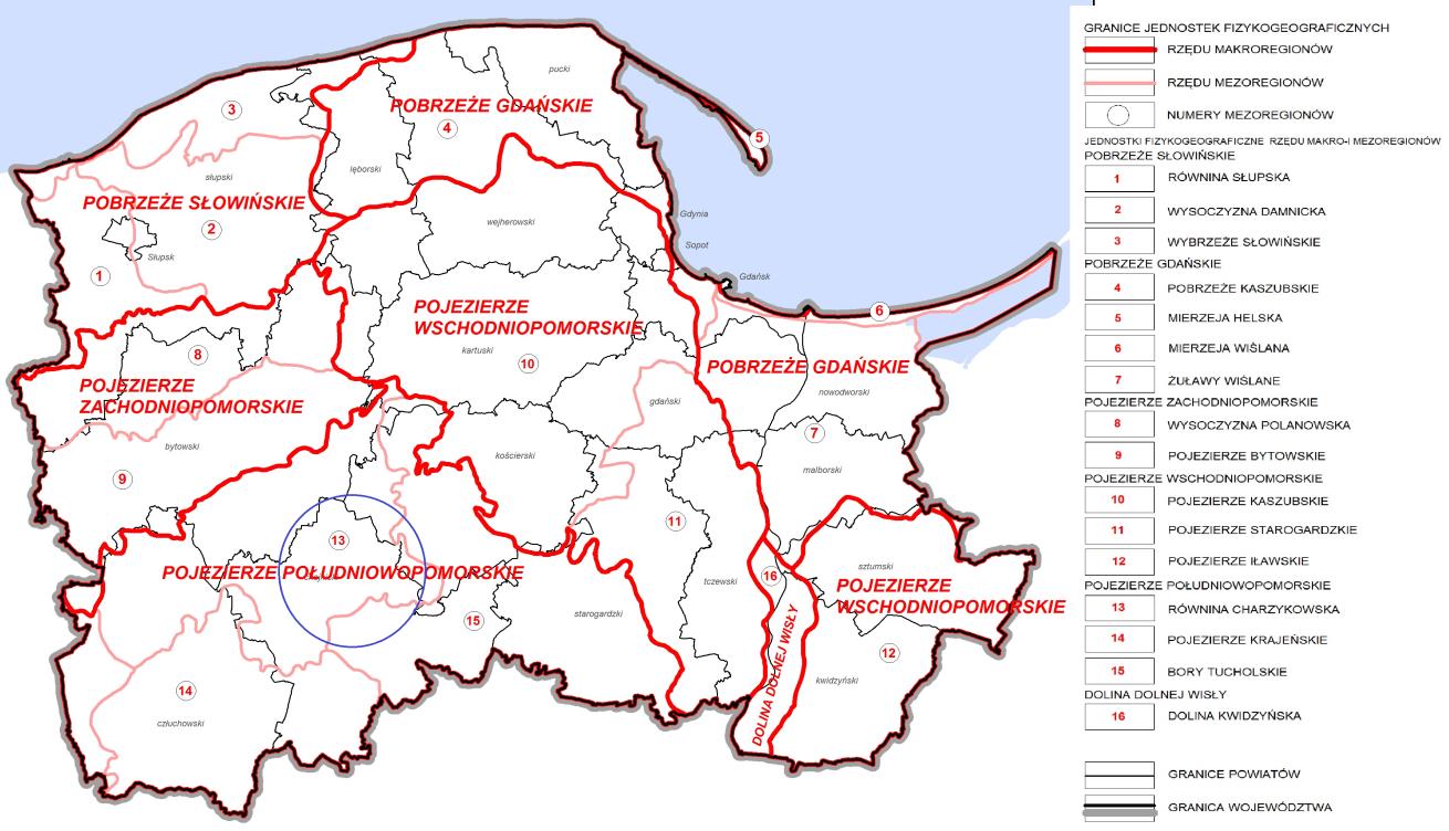 Ryc. 8 Regionalizacja fizyczno-geograficzna województwa pomorskiego źródło: Opracowanie Ekofizjograficzne dla Planu Zagospodarowania Przestrzennego Województwa Pomorskiego aktualizacja 2014 r.