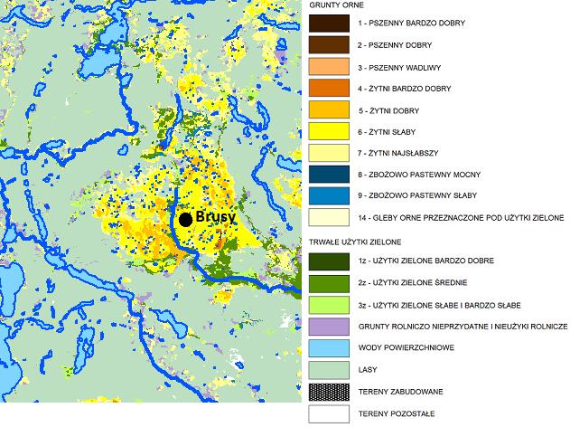 Ryc. 13 Przestrzenny rozkład kompleksów przydatności rolniczej gleb na obszarze gminy Brusy źródło: Opracowanie Ekofizjograficzne dla Planu Zagospodarowania Przestrzennego Województwa Pomorskiego