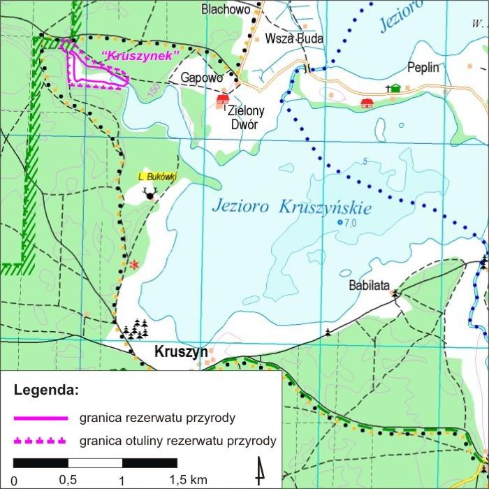 na lądowiejącej zatoce jeziora Kruszyńskiego. Występują tam warstwy torfu o grubości od 45 do 80 cm. Ryc.