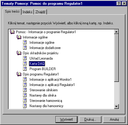 Korzystanie z plików pomocy Kliknięcie na przycisk Pomoc znajdujący się na dolnym pasku Menu programu powoduje wywołanie pliku pomocy i wyświetlenie okienka: - symbol książki - temat główny