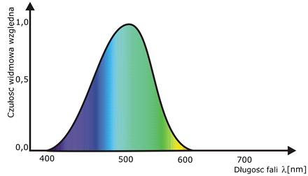 Rys. Wykres 2. czułości widmowej dla widzenia w dzień. Rys. Wykres 3. czułości widmowej dla widzenia w nocy.