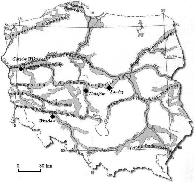 Ryc. 1. System pradolin w Polsce Źródło: Atlas Polski 2000 i lokalizacja obszarów przedstawionych na ryc. 2-5.