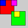 1 size(100, 100); 2 3 fill(255, 0, 0); // czerwony 4 rect(0, 0, 50, 50); 5 6 pushmatrix(); 7 translate(40, 40); 8 fill(0, 255, 0); // zielony 9 rect(0, 0, 50, 50); 10 11 translate(10, 0); 12
