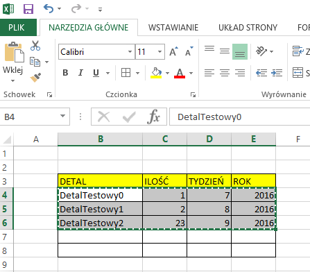 W aplikacji istnieje możliwość przekopiowania danych z programu Excel. Musi on zostać przygotowany w następujący sposób: W pierwszej kolumnie powinna się znajdować nazwa detalu.