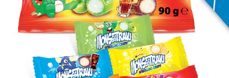 CUKIERKI CANDIES MONSSSTRAKI TOREBKA 90 G, TORBA 1 KG, KARTON 3 KG / MONSSSTRAKI BAG 90 G, BAG 1 KG, BOX 3 KG Karmelki z nadzieniem musującym w 5 smakach: truskawka, cytryna, jabłko, pomarańcza,