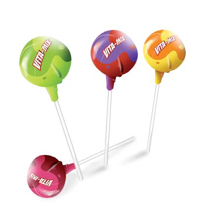 LIZAKI LOLLIPOPS VITA-MIX Lizaki kulki 10 g wzbogacone witaminami z dodatkiem soków owocowych w 4 smakach: cytryna-pomarańcza, jabłko-limonka, jeżyna-czarna porzeczka, wiśnia-malina, pakowane w worek