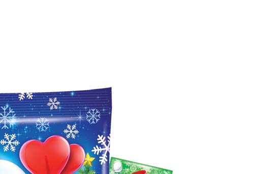 BOŻE NARODZENIE CHRISTMAS LIZAKI ŚWIĄTECZNE TOREBKA / LOLLIPOPS CHRISTMAS BAG Lizaki serduszka 7 g w 6 smakach: cytryna, pomarańcza, truskawka, malina, jabłko, cola, pakowane w torebkę po 8 oraz 100