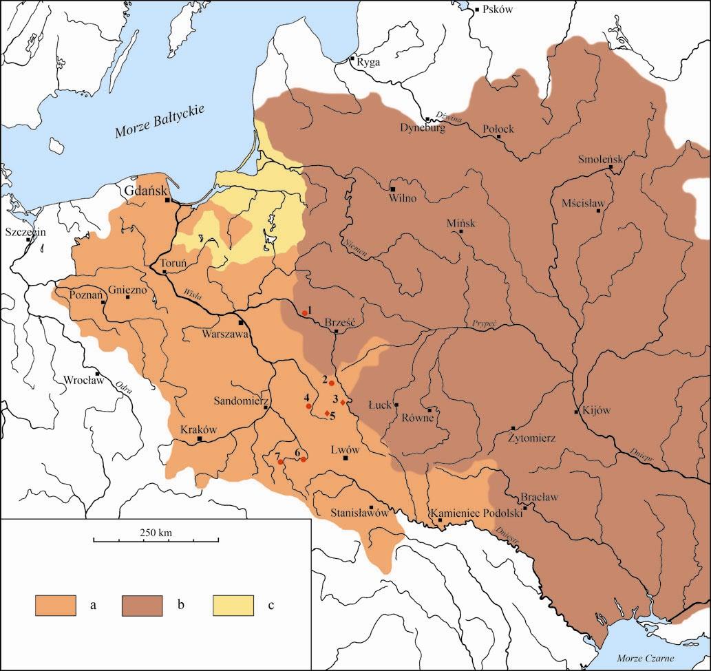 MONARCHIA JAGIELLONÓW I ZŁOTA JESIEŃ P[OLSKIEGO ŚREDNIOWIECZA (ok. 1500) 1 - Drohiczyn; 2 Chełm (tuż obok Stołpie); 3 Gródek; 4 Czermno; 5 - Sąsiadka; 6 - Przemyśl; 7 - Trepcza.