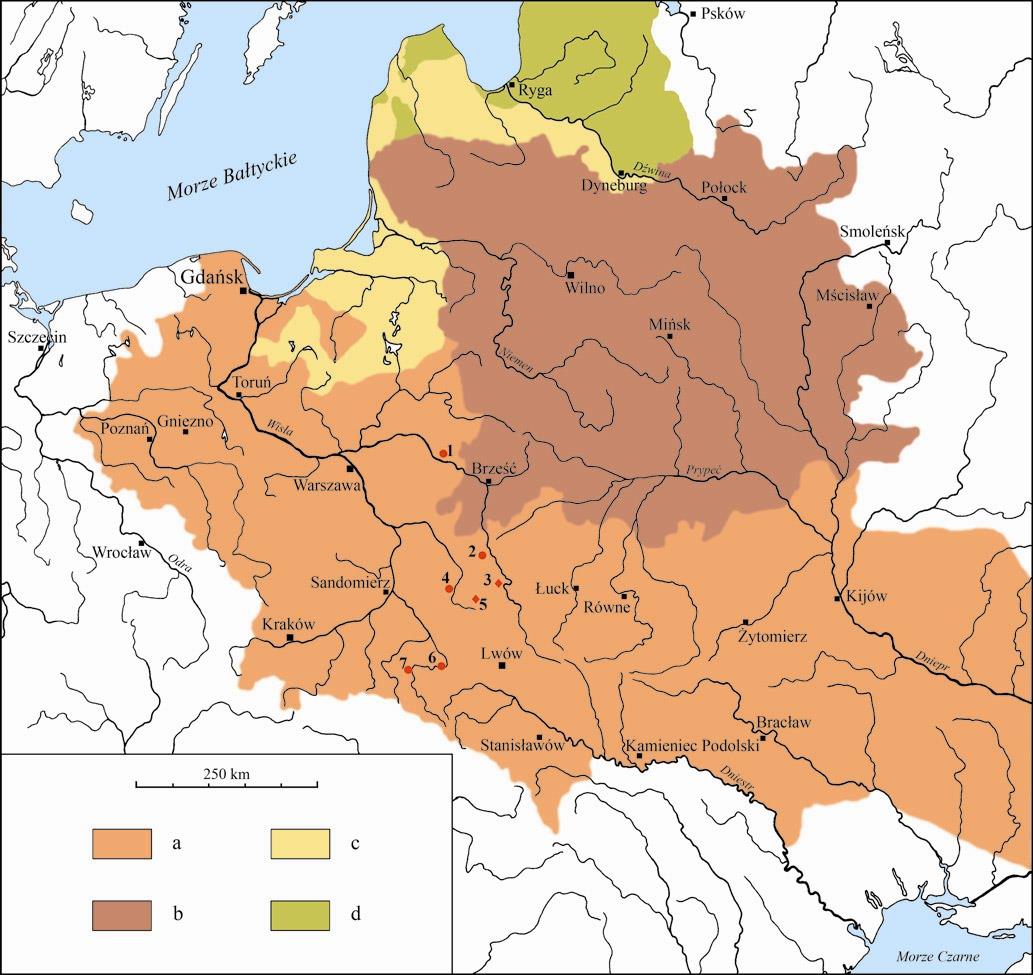 Grody Czerwieńskie i inne, wczesnośredniowieczne ośrodki Polski wschodniej na tle zmieniających się granic Polski (w uproszczeniu). RZECZPOSPOLITA OBOJGA NARODÓW U SZCZYTU POTĘGI (ok. 1619) na podst.
