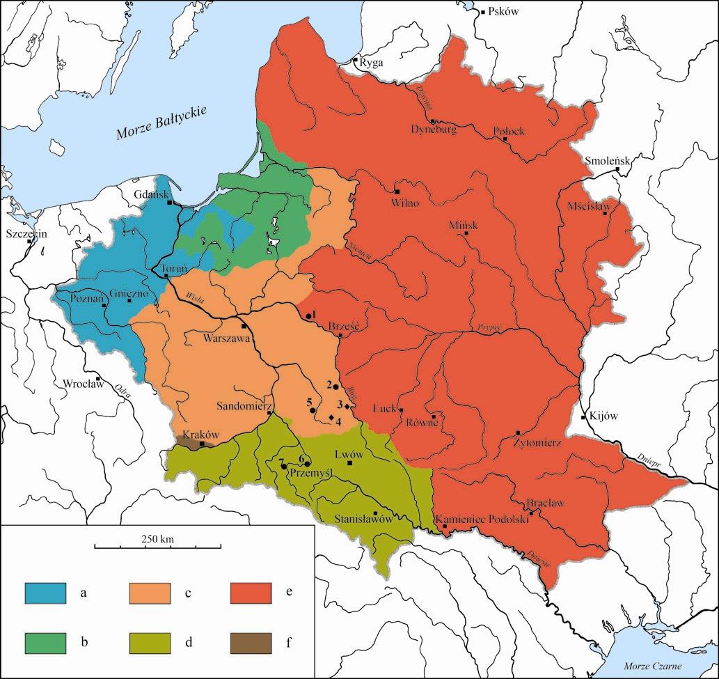 ZIEMIE RZECZPOSPOLITA OBOJGA NARODÓW PO KONGRESIE WIEDEŃSKIM (po 1815) 1 - Drohiczyn; 2 Chełm (tuż obok Stołpie); 3 Gródek; 4 Czermno; 5 - Sąsiadka; 6 - Przemyśl; 7 - Trepcza.